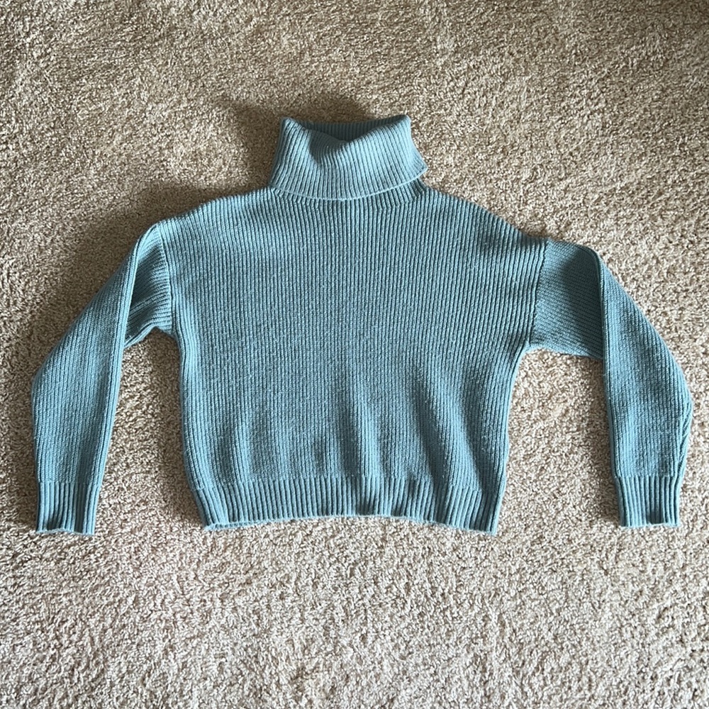 Blue cropped knit turtleneck sweater